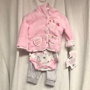 brand new w tags 3pc cotton & fleece long sleeve onesie pants hoodie jacket set